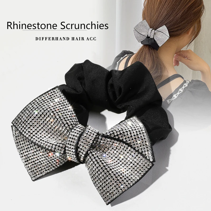 

Bling Rhinestones Hair Bows Scrunchies Ties Korean Rope Elastic Rubber Bands Ponytail Holder Girls Hair Accessories For Women