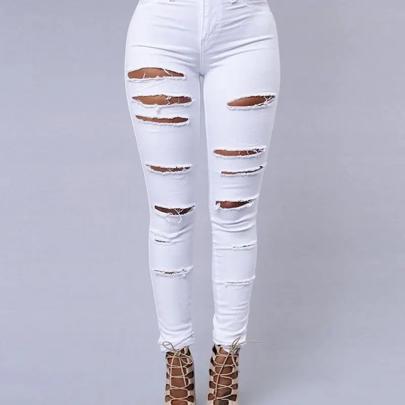 

Women's Clothing Ankle-Length Zipper Fly Ladder Cutout Ripped Skinny Jeans Autumn Pocket Hand Frayed Solid Color