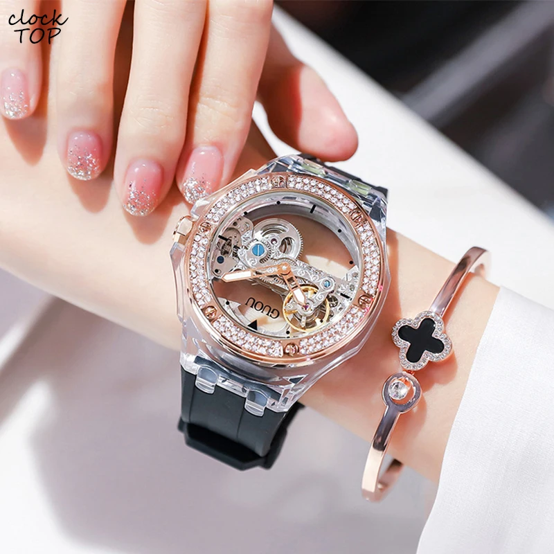 Women Automatic Watch Transparent Dial Waterproof Female Wristwatch Rhinestone Inlay Bezel Silicone Rubber Band Mechanical Watch
Women Automatic Watch Transparent Dial Waterproof Female Wristwatch Rhinestone Inlay Bezel Silicone Rubber Band Mechanical Watch
