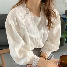 Loose Long Sleeve Top Woman Loose Casual Buttons Korean Fashion Summer Blouse Embroidered Cotton Lace Collar Shirt Women 27504