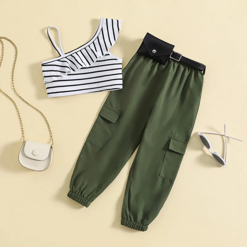 Kids Children Girl Pant Sets Summer Clothes Outfits Stripe Ruffles Oblique Shoulder Cami Tops Long Pants Belt Waist Bag 3Pcs Set
Kids Children Girl Pant Sets Summer Clothes Outfits Stripe Ruffles Oblique Shoulder Cami Tops Long Pants Belt Waist Bag 3Pcs Set