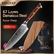 XINZUO 5 Inch Utility Knives Japanese Damascus Steel Kitchen Knife Rosewood Handle Top Selling Small Knife Fruit Cook Knives