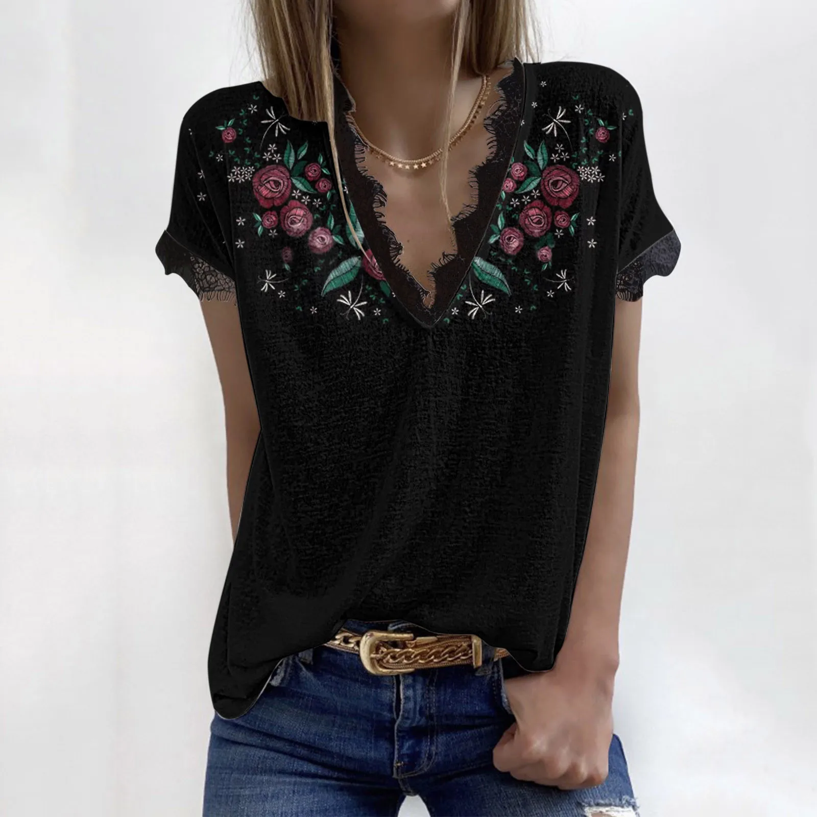 T Shirt Women Casual Summer Lace Tops Floral Short Sleeve V Neck Tee Printed Loose Side Split Vintage Elegant Daily Tunic Top
T Shirt Women Casual Summer Lace Tops Floral Short Sleeve V Neck Tee Printed Loose Side Split Vintage Elegant Daily Tunic Top