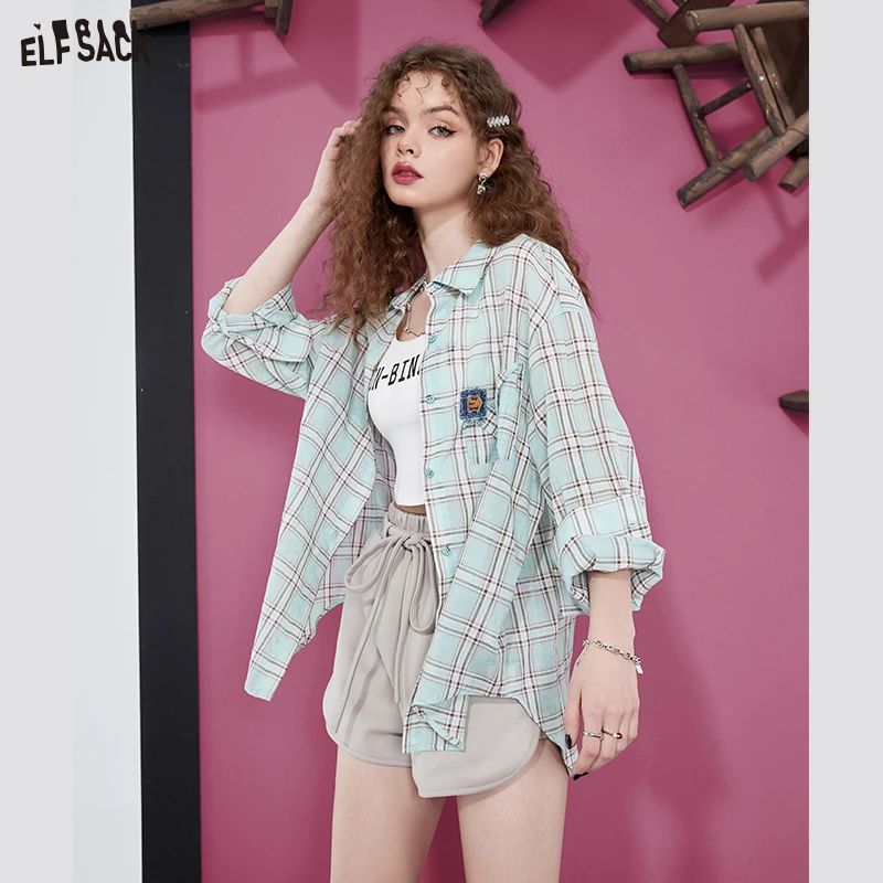 ELFSACK клетчатые блузки для женщин 2023 весна/лето с длинным рукавом базовые Топы на каждый день