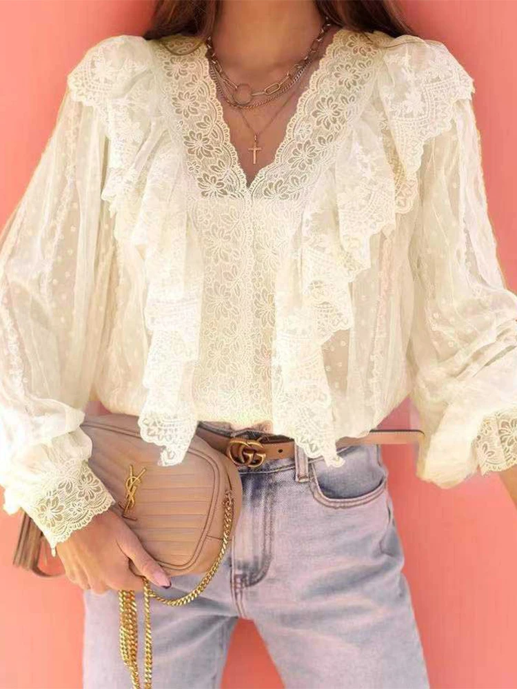 2022 Sweet Style Ruffle V Neck Lace Tops Pullover Commute Women Solid Office Blouse Fashion New Lantern Sleeve Sexy Shirt Blusa
2022 Sweet Style Ruffle V Neck Lace Tops Pullover Commute Women Solid Office Blouse Fashion New Lantern Sleeve Sexy Shirt Blusa
