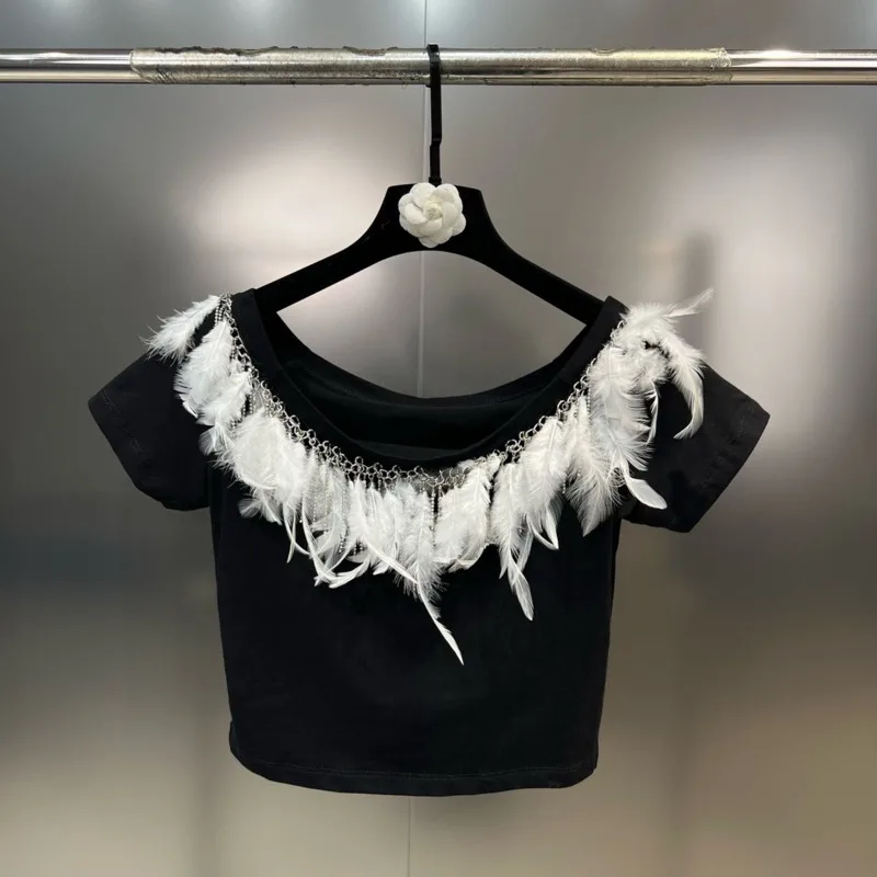 BORVEMAYS Short Sleeve Chain Feather T-shirt Temperament Black Patchwork V Neck 2023 Summer New Trend Women Tops WZ1324
BORVEMAYS Short Sleeve Chain Feather T-shirt Temperament Black Patchwork V Neck 2023 Summer New Trend Women Tops WZ1324