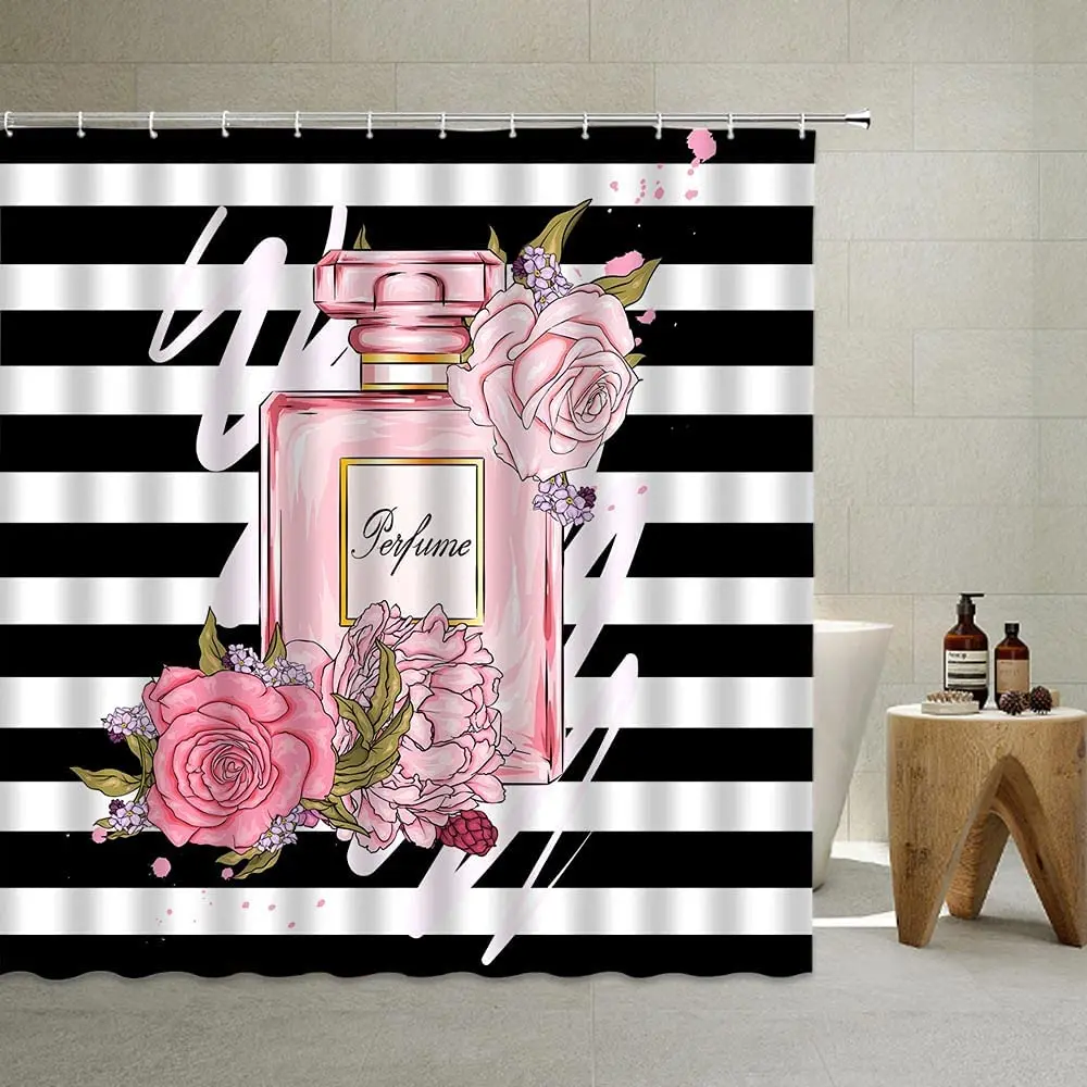 Perfume Shower Curtains Set Fashion Girl Retro Pink Floral Black White Stripe Watercolor Spring Flower Bathroom Decor with Hooks
Perfume Shower Curtains Set Fashion Girl Retro Pink Floral Black White Stripe Watercolor Spring Flower Bathroom Decor with Hooks