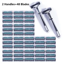 （2 Handle + 48 Blades）Men Manual Safety Razor 2-Layer Stainless Steel Shaving Blades Replaceable Shaver Head