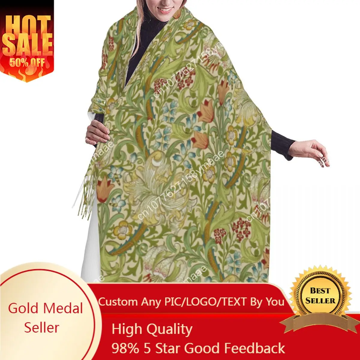 

William Morris Golden Lily Pattern Pale Biscuit Scarf Wrap For Women Long Winter Fall Warm Tassel Shawl Unisex Versatile Scarves