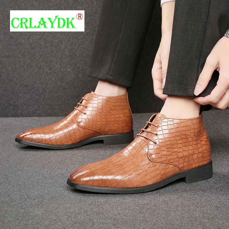 

CRLAYDK Fashion Luxury Men's Business Brogue Shoes Pointed Grid Pattern High Top Wedding Leather Plus Size Office Work Booties