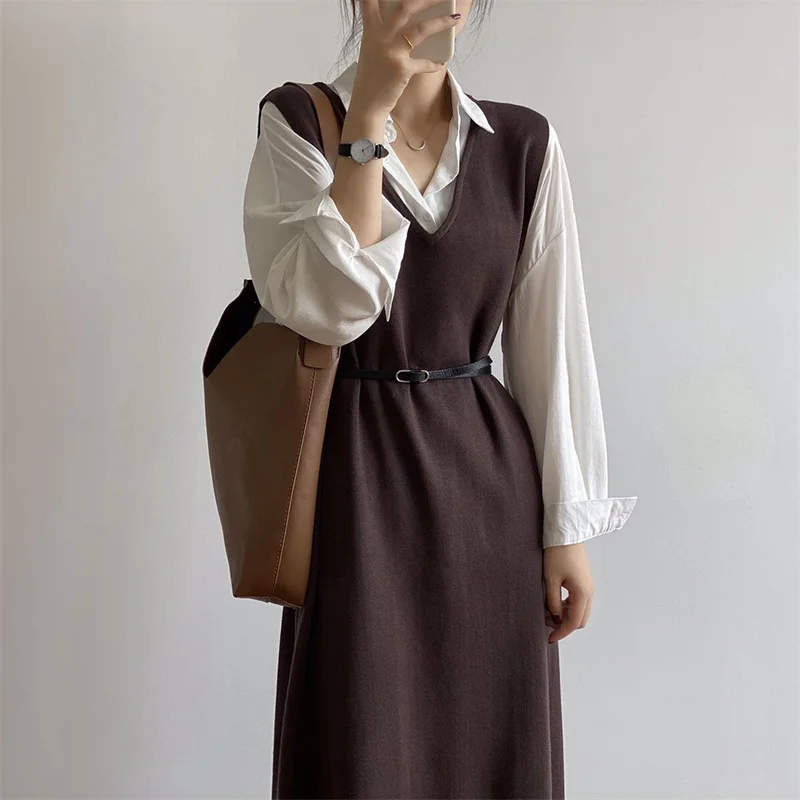 

Осенне-зимнее длинное женское платье YZJNH 2023, Корейская версия, свободное модное универсальное трикотажное платье без рукавов с V-образным вырезом для женщин