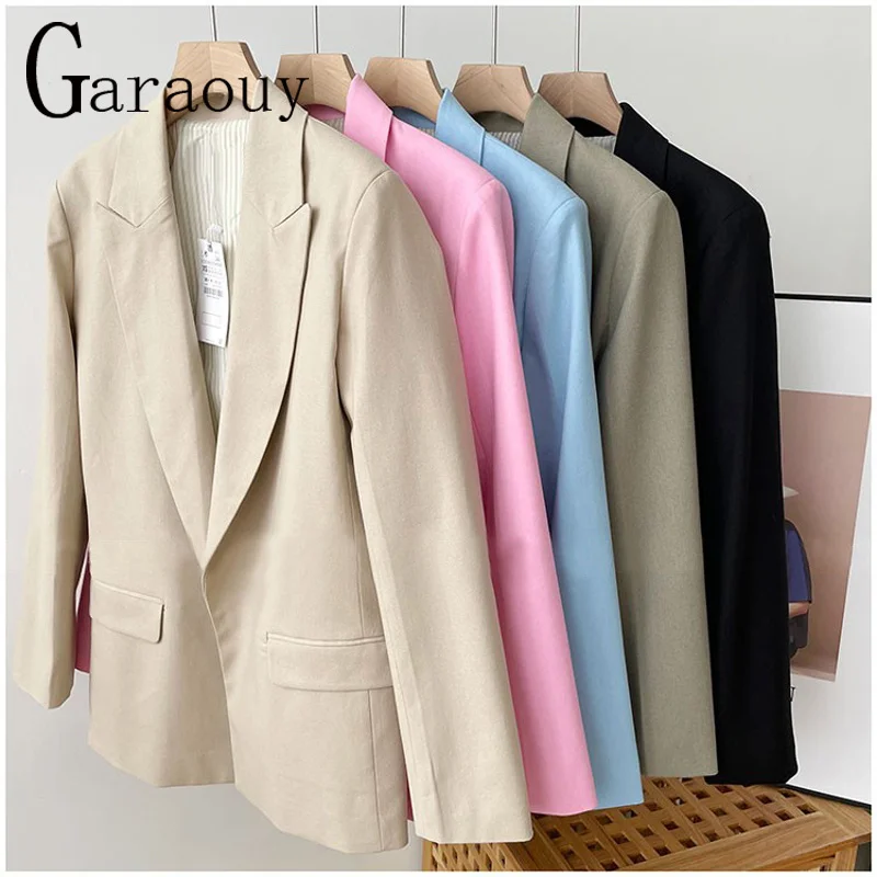 

Garaouy Blue Long Sleeve Woman Blazer 2022 Elegant Pronounced Shoulders Office Lady Blazers Coat Female Flap Pockets Outerwear