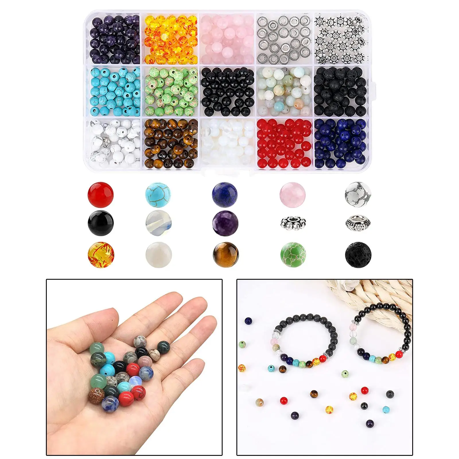 

410pcs Natural Beads Polished Beading 6mm Loose Beads Gem Crystal Jewelry Making (15 Materials)