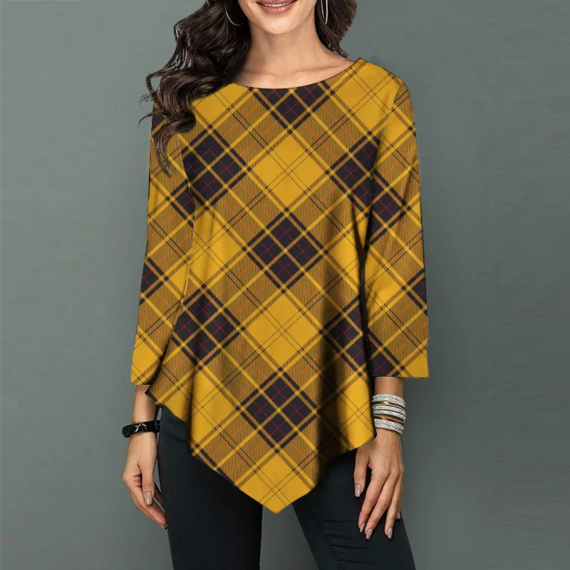 Plaid Printed Elegant Vintage T-shirt For Women's 2022 New Fashion Casual Oversized Tee Shirts Irregular Tunic Ladie Loose Tops
Plaid Printed Elegant Vintage T-shirt For Women's 2022 New Fashion Casual Oversized Tee Shirts Irregular Tunic Ladie Loose Tops