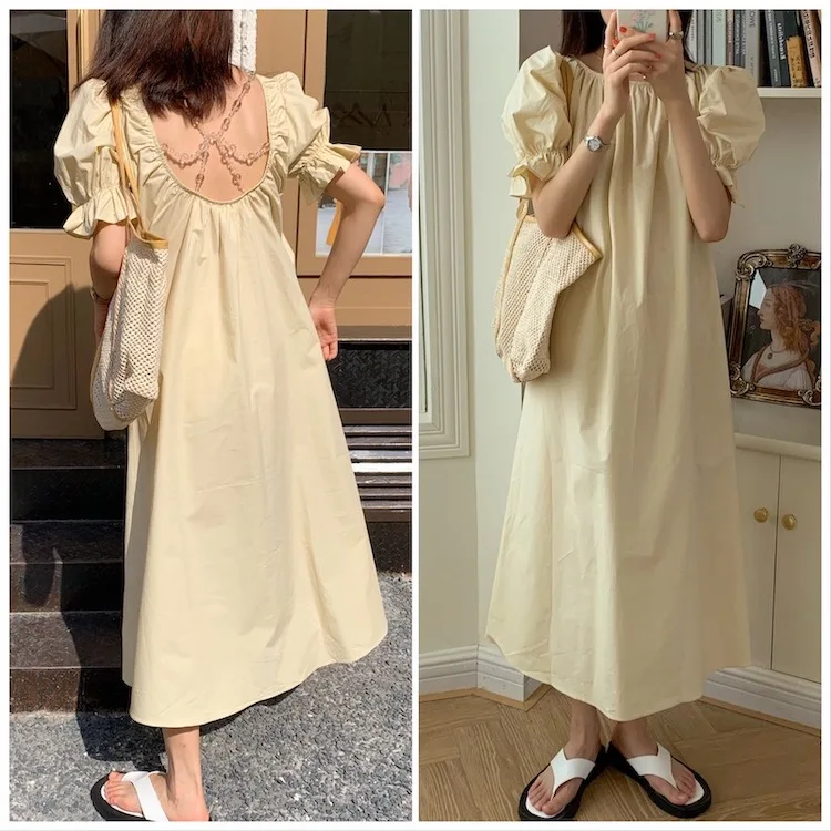 Korean version of summer round collar horn sleeve dew back beaded adornment temperament long dress
Korean version of summer round collar horn sleeve dew back beaded adornment temperament long dress