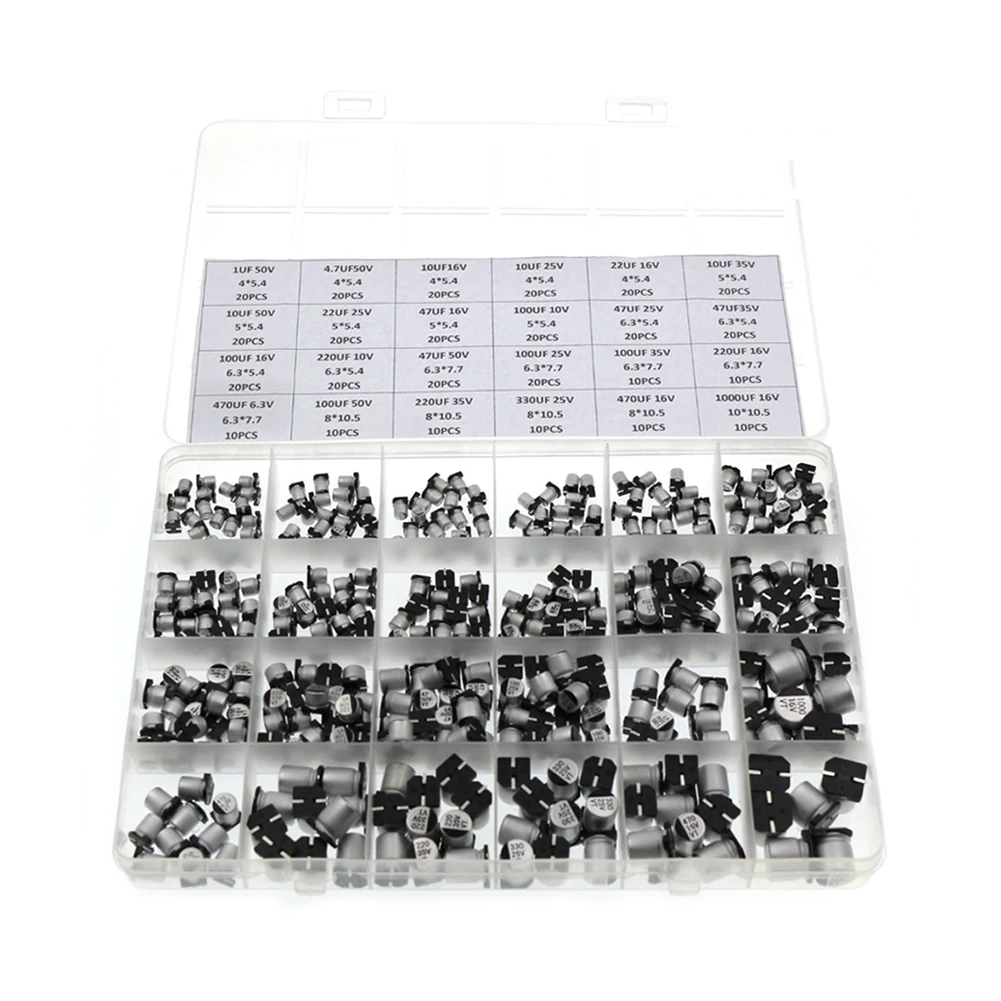 400pcs 1uF-1000uF 6.3V-50V 24 Values SMD Aluminum Electrolytic Capacitors Assortment Kit with Box Assorted Kit Set
400pcs 1uF-1000uF 6.3V-50V 24 Values SMD Aluminum Electrolytic Capacitors Assortment Kit with Box Assorted Kit Set