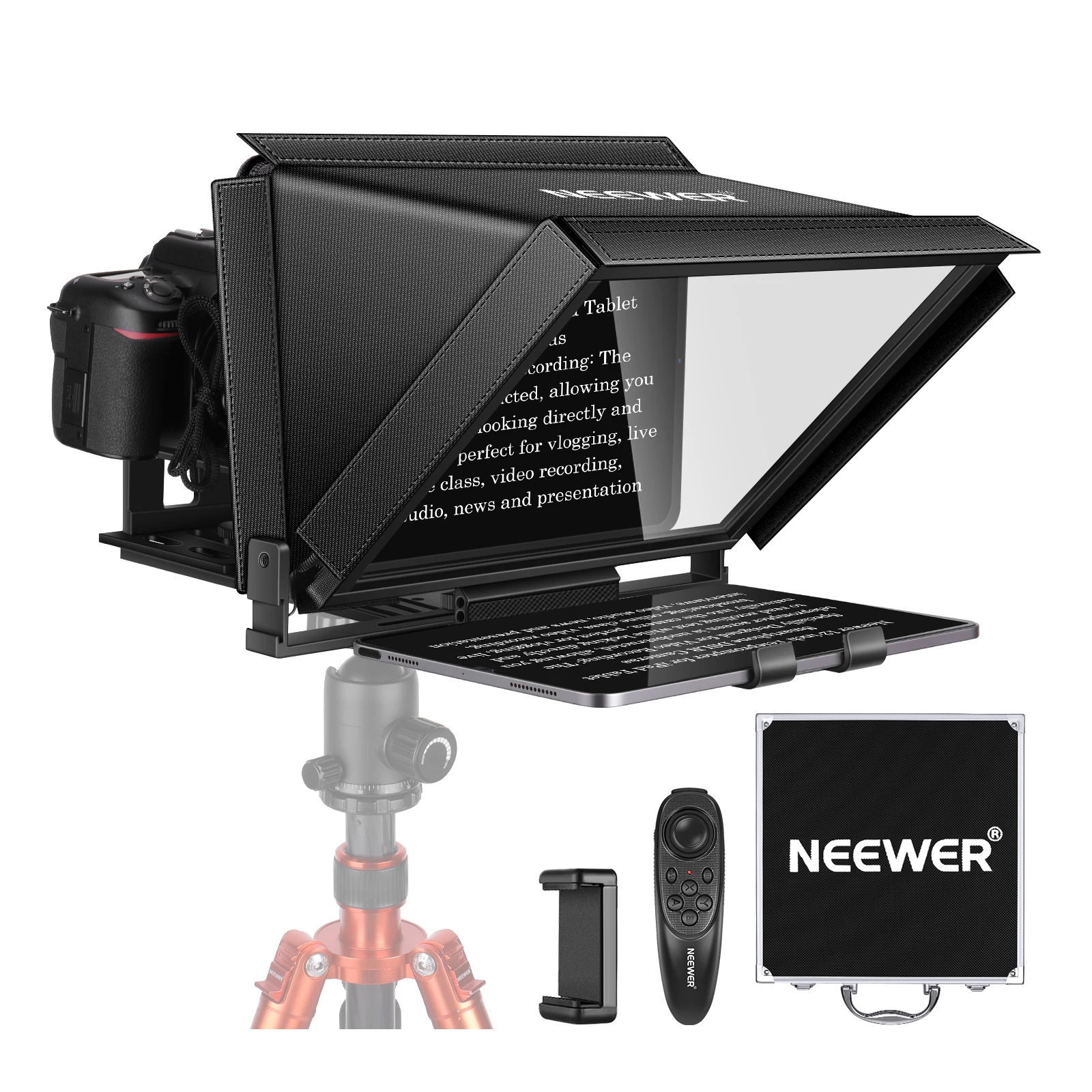 Neewer Aluminum Alloy Teleprompter with Remote App Control For iPad, iOS/Android Tablet, Smartphone, DSLR Camera with Carry Case
Neewer Aluminum Alloy Teleprompter with Remote App Control For iPad, iOS/Android Tablet, Smartphone, DSLR Camera with Carry Case
