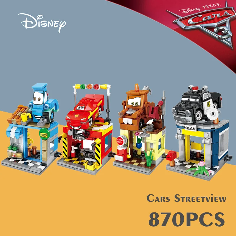 New Disney 870PCS Pixar Cars 2 3 Lightning Mcqueen Creative Streetview Cartoon Plant City Idea Building Block Brick Toy Gift