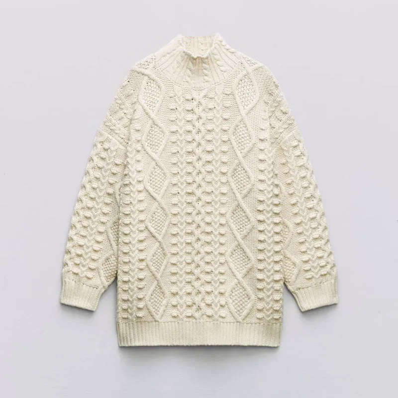 

2024 Autumn Winter New Women Knitted Sweater High Neck Long Sleeve Textured Fabric Loose Woolly Pullover Rib Edge Beige Top