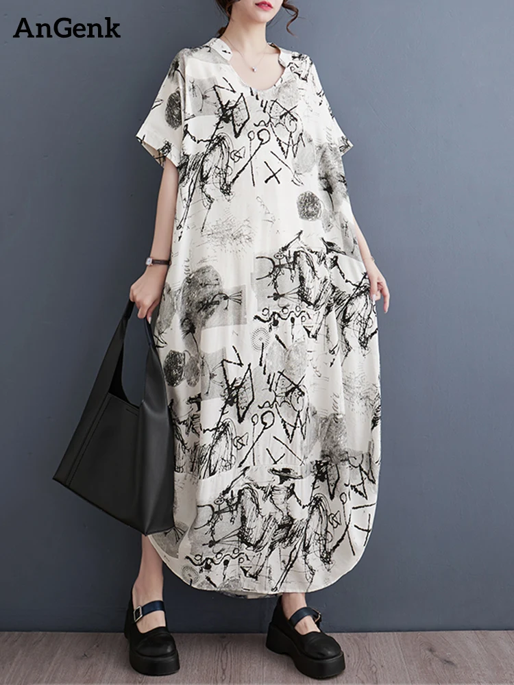 White Vintage Print Oversized Dresses For Women Short Sleeve V-Neck Loose Casual Long Dress Fashion Elegant Clothes Summer 2023
White Vintage Print Oversized Dresses For Women Short Sleeve V-Neck Loose Casual Long Dress Fashion Elegant Clothes Summer 2023
