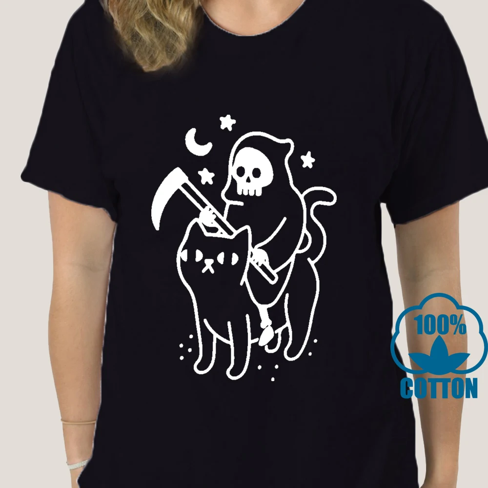 Женская футболка с коротким рукавом 100% хлопок принтом черепа и кота - купить по