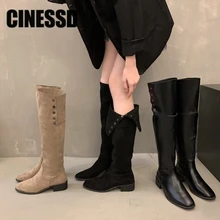 Women’s Winter Thigh High Boots Pointed Toe Slip on Heels Fashion Stretch Suede Leather Western Cowboy Long Boots Chunky Shoes