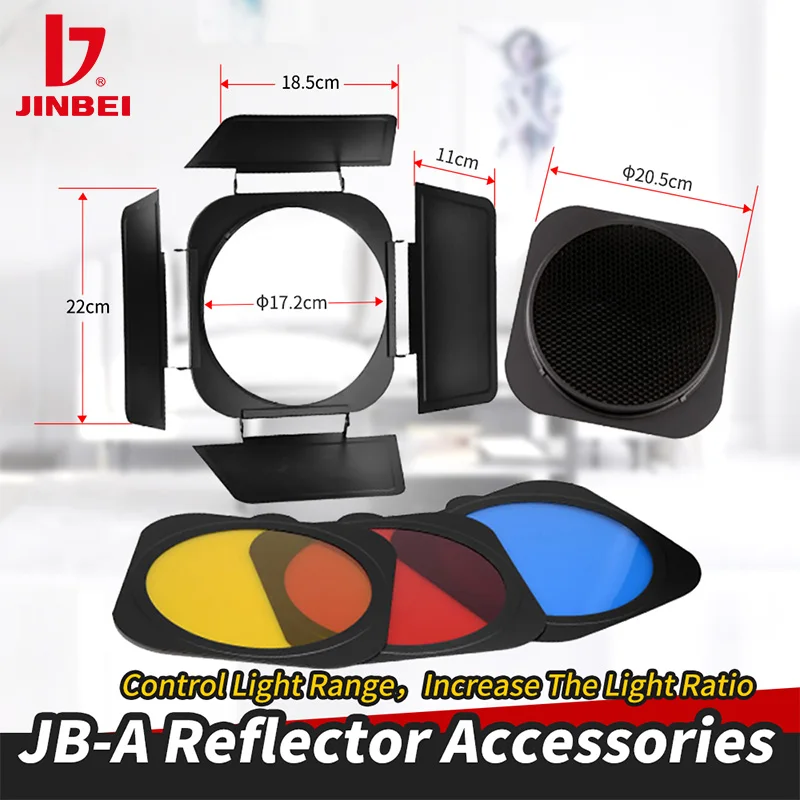 JINBEI JB-A Universal Barndoor With Red Yellow Blue Color Filter Gels Honeycomb Kit For 55 Degrees Standard Reflector
JINBEI JB-A Universal Barndoor With Red Yellow Blue Color Filter Gels Honeycomb Kit For 55 Degrees Standard Reflector