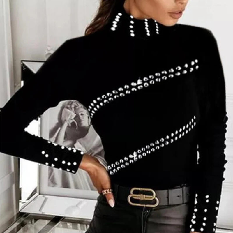 Plus Size Turtleneck Long-sleeved Women's T-shirt with Fake Diamonds Inlaid Fashion All-match Ladies Black Bottoming Shirt Top
Plus Size Turtleneck Long-sleeved Women's T-shirt with Fake Diamonds Inlaid Fashion All-match Ladies Black Bottoming Shirt Top