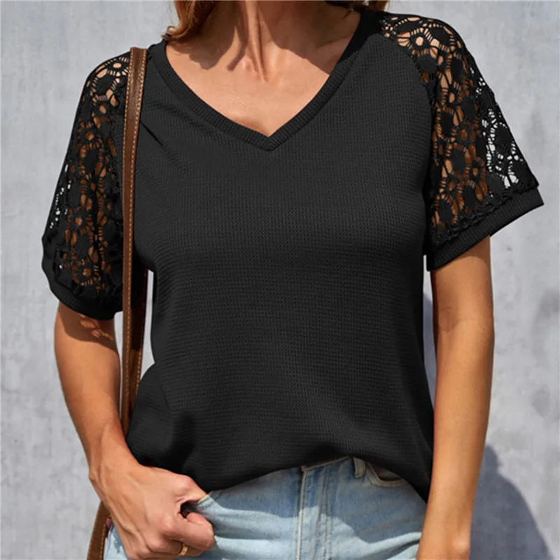 Футболка женская однотонная свободного покроя, модный Мягкий Топ с коротким рукавом и V-образным вырезом, кружевная прострочка в европейско...
Футболка женская однотонная свободного покроя, модный Мягкий Топ с коротким рукавом и V-образным вырезом, кружевная прострочка в европейско...