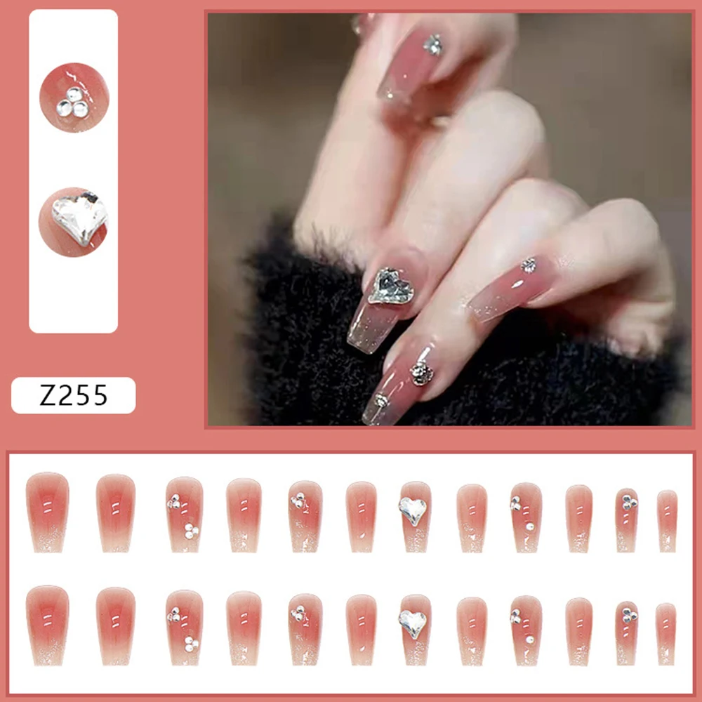 Накладные ногти стразы, милый стиль, длинный абзац, маникюр, экономия времени, накладные ногти, 24 шт., съемный гель-желе/клей DIN889