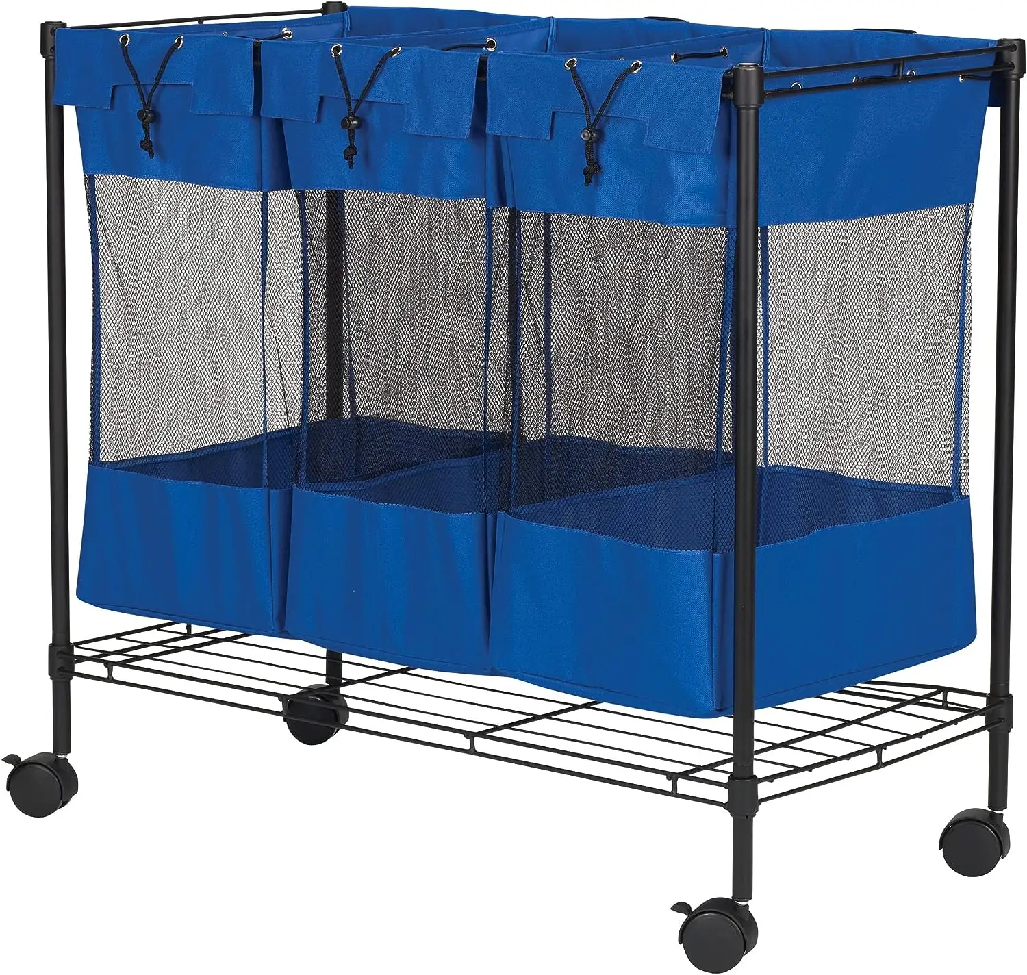 Sorter with Wheels, Triple Removable Mesh Bags, Sturdy Wire Frame, Smooth Glide Casters, Wide Functionality, Blue and Black Sili
Sorter with Wheels, Triple Removable Mesh Bags, Sturdy Wire Frame, Smooth Glide Casters, Wide Functionality, Blue and Black Sili