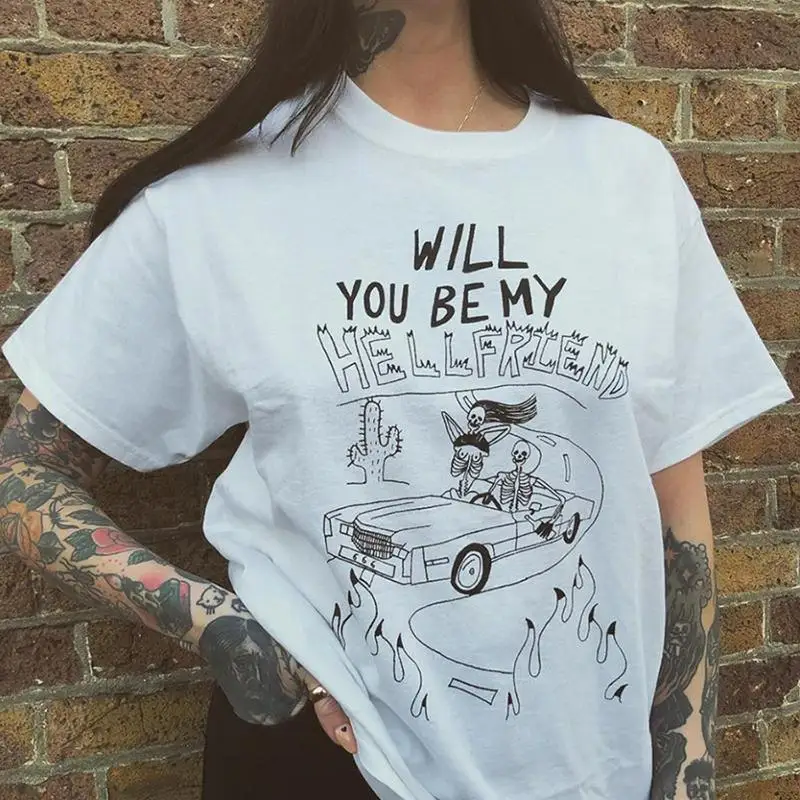 Will You Be My Hell Friend Print Women T Shirts Short Sleeve Summer Female Tees Graphic Top Gothic Grunge Tumblr Camisetas Mujer 
Will You Be My Hell Friend Print Women T Shirts Short Sleeve Summer Female Tees Graphic Top Gothic Grunge Tumblr Camisetas Mujer