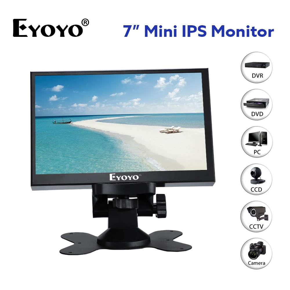 

EYOYO 7" Mini IPS Monitor 1024X600 Resolution TFT LCD Screen Display With HD/VGA/BNC/AV Video Input For PC DVD DVR CCD Camera