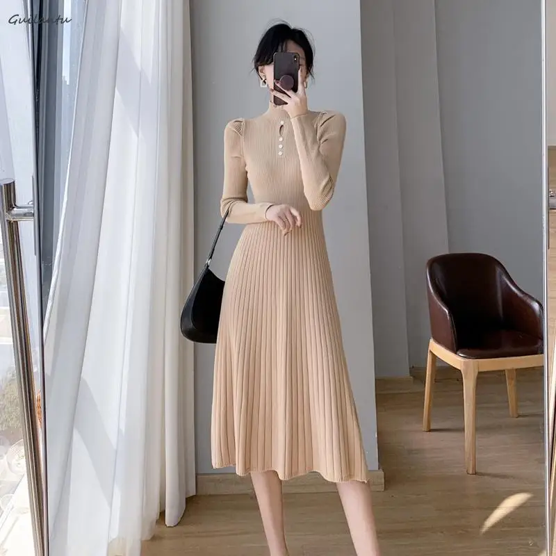 2023 Autumn Winter Elegant Office Knitted Dresses Women Half High Collar Long Sleeve Midi Dress Casual Vintage Party Knit Dress
2023 Autumn Winter Elegant Office Knitted Dresses Women Half High Collar Long Sleeve Midi Dress Casual Vintage Party Knit Dress
