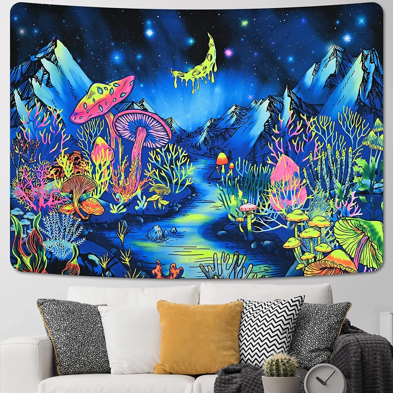 

Blacklight Mushroom Tapestry Psychedelic Fantasy Forest Tapestries Aesthetic Mountain UV Reactive Wall Hanging for Room Decor