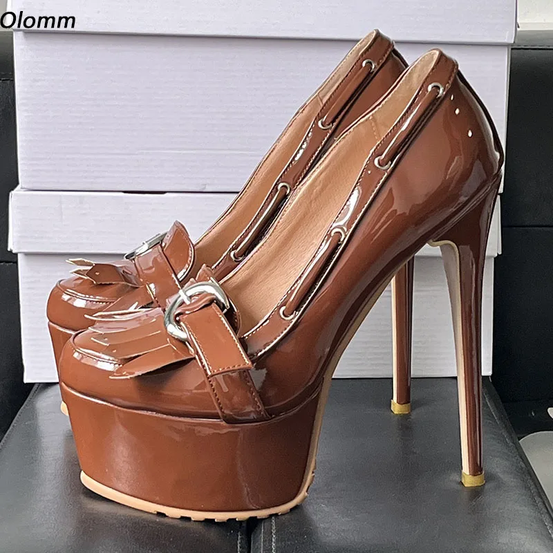 

Olomm Handmade Women Glossy Pumps Ultra High Heels Round Toe Gorgeous Brown Black Night Club Shoes Ladies US Size 5-20