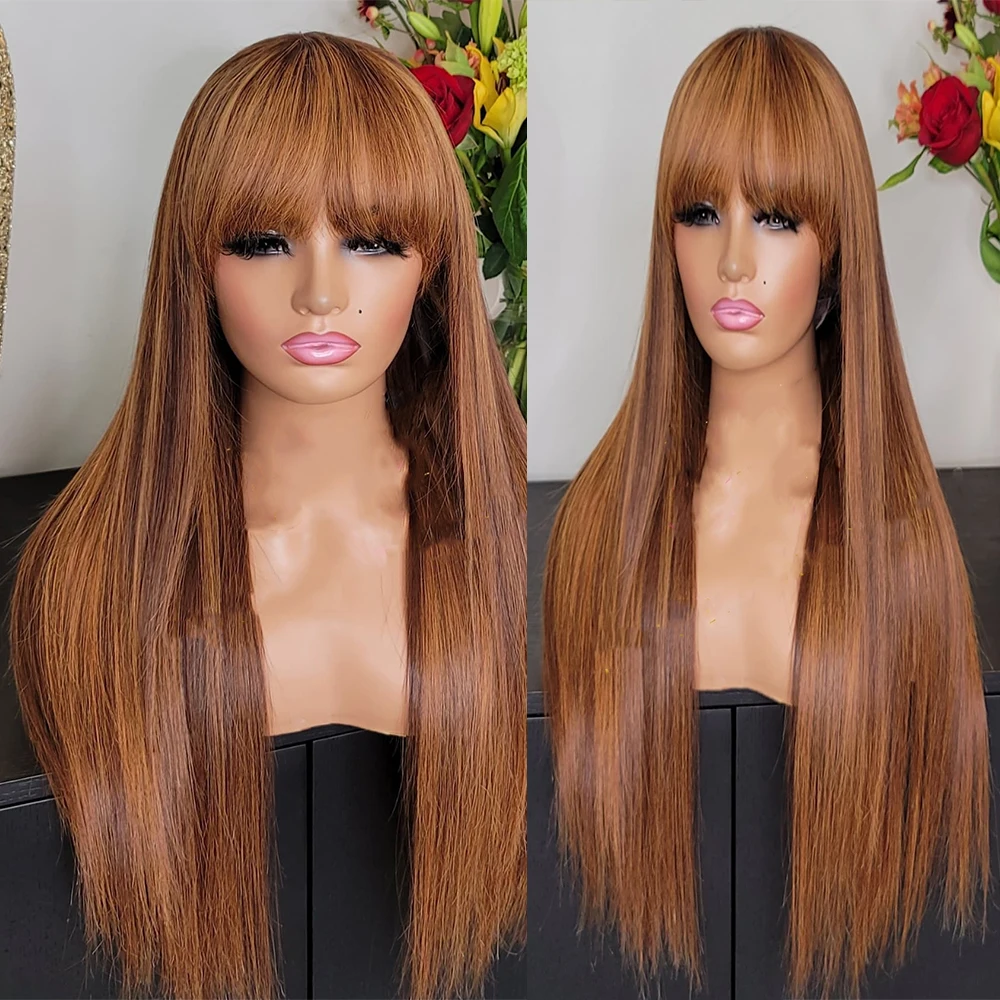 

Colored Bangs Silky Straight 360 Lace Frontal Wig Brazilian 13x6 Lace Front Human Hair Wig Fringe Glueless Remy 200 Density