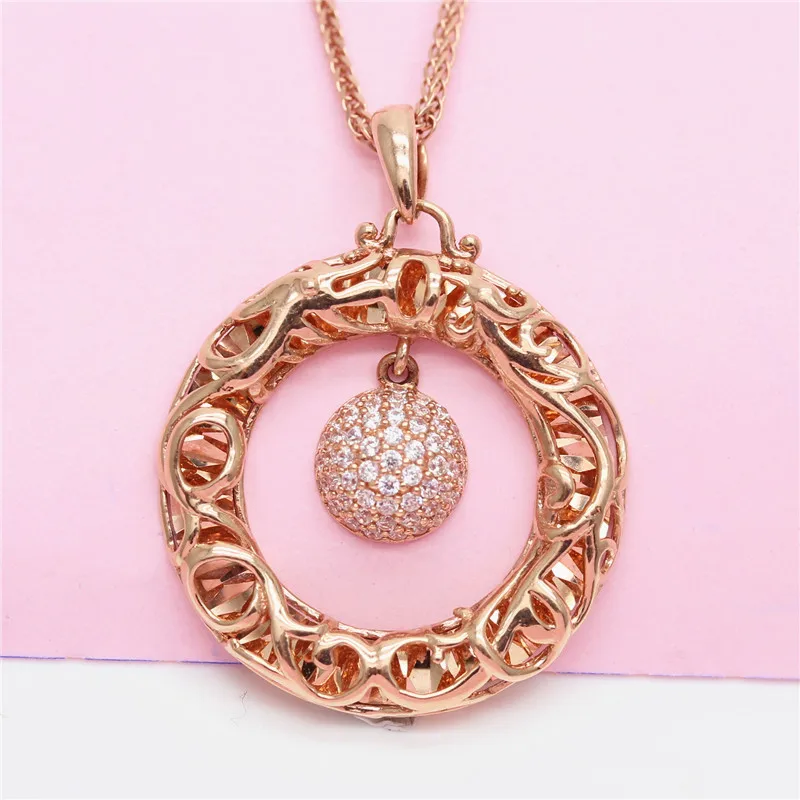 

585 Purple Gold Plated 14K Rose Gold Inlaid Crystal Geometric Openwork Pendant Elegant Art necklaces for women wedding jewelry