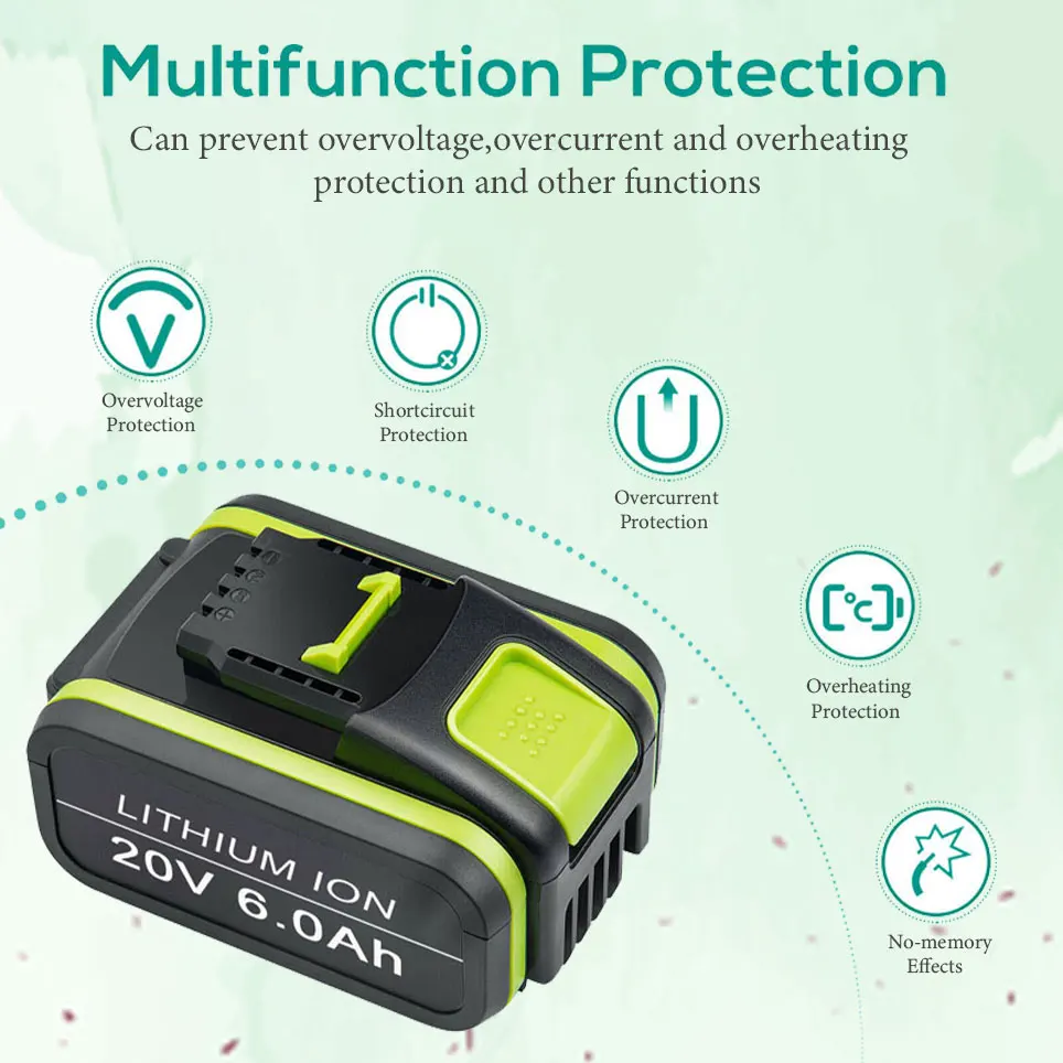 Литий-ионный аккумулятор Worx 20 в, 2022, 6000 мАч, для замены, WA3551, WA3551.1, WA3553, WA3641, WX373, WX390, инструмент для перезаряжаемых батарей 
Литий-ионный аккумулятор Worx 20 в, 2022, 6000 мАч, для замены, WA3551, WA3551.1, WA3553, WA3641, WX373, WX390, инструмент для перезаряжаемых батарей