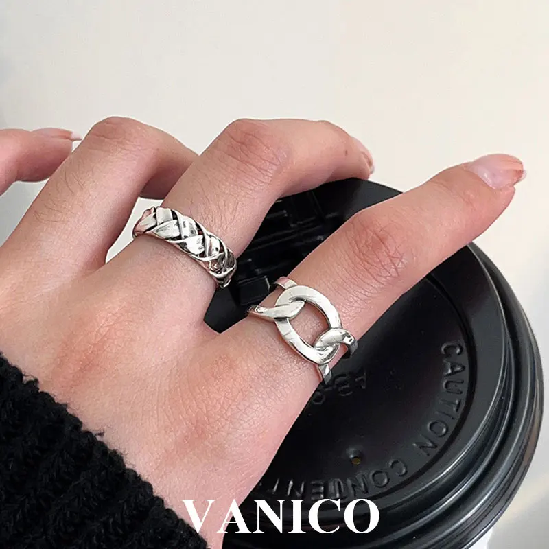 

Korean Punk Link Chain Open Ring 925 Sterling Silver Trendy Unique Vintage Retro Geometric Asymmetric Adjustable Ring for Women