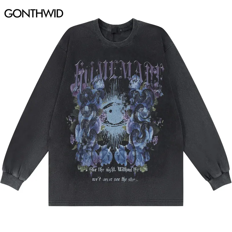 Vintage T-Shirt Streetwear Hip Hop Retro Python Snake Floral Print Long Sleeve Distressed Wash Tshirt Harajuku Cotton Loose Tops
Vintage T-Shirt Streetwear Hip Hop Retro Python Snake Floral Print Long Sleeve Distressed Wash Tshirt Harajuku Cotton Loose Tops