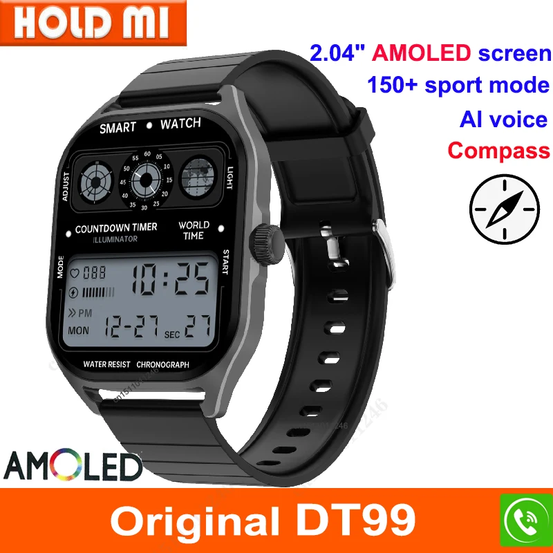 

AMOLED New DT99 Smart Watch Compass Bluetooth Call Voice Female Assistant Blood Oxygen Waterproof 150+ Sports Smartwatch Men