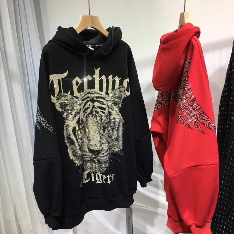 Thickening Velvet Women Sweatshirt Dominant Tiger Head Wings Hot Drill Mid-length Hooded Hoodie Top Streetwear Autumn Winter
Thickening Velvet Women Sweatshirt Dominant Tiger Head Wings Hot Drill Mid-length Hooded Hoodie Top Streetwear Autumn Winter