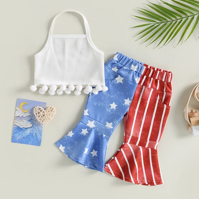 

Детские летние комплекты одежды для девочек на День Независимости, топы без рукавов с бахромой и вафельными вставками + расклешенные штаны в полоску со звездами