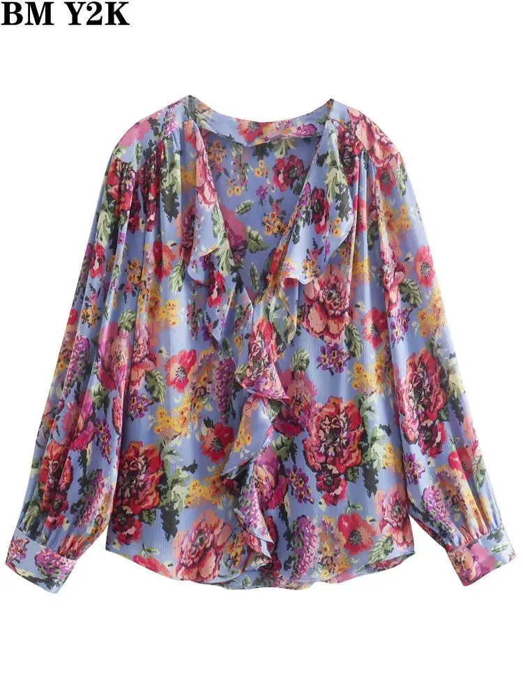 BM Y2K vintage shirt Women fashion with ruffled floral print flowing shirts long sleeve loose female blouses blusas chic tops
BM Y2K vintage shirt Women fashion with ruffled floral print flowing shirts long sleeve loose female blouses blusas chic tops