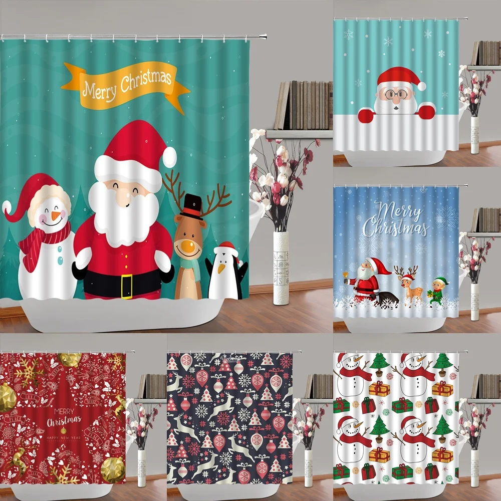

Cute Christmas Snowman Shower Curtains Santa Claus Reindeer Elk Penguin Winter Landscape Xmas Ornament Fabric Bathroom Curtain