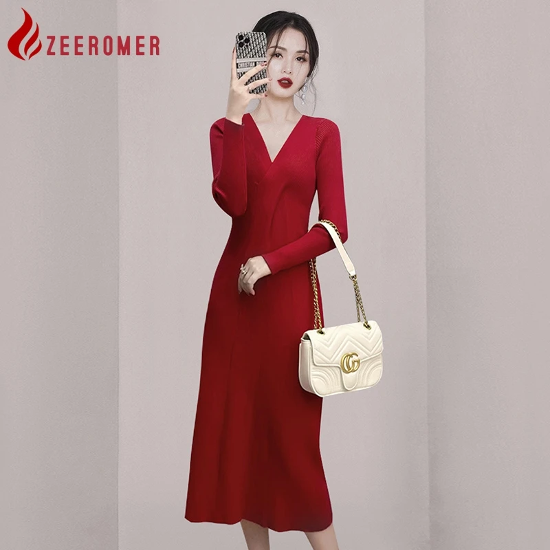 ZEEROMER 2023 Autumn French Elegant Solid Casual Knitted A-line Dress Women V Neck Long Sleever Slim Sweater Midi Party Dress
ZEEROMER 2023 Autumn French Elegant Solid Casual Knitted A-line Dress Women V Neck Long Sleever Slim Sweater Midi Party Dress
