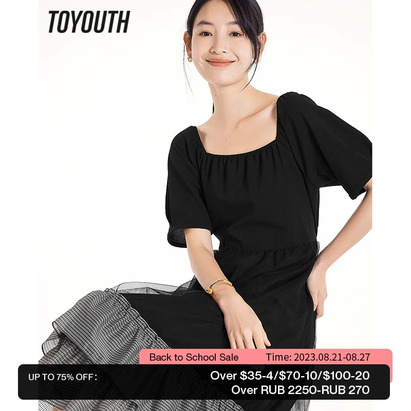 

Toyouth Women Dress 2023 Summer Puff Sleeve Square Neck A-shape Slim Waist Spliced Mesh Flounce Pleated Design Elegant Skirt