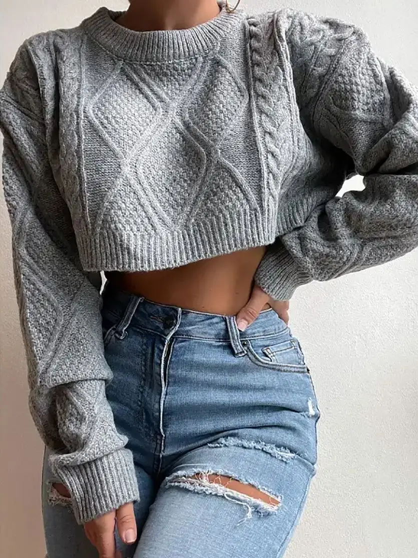 

ZAFUL Cable Knit Drop Shoulder Cropped Sweater Women Long Sleeve Crew Neck Knitted Jumper