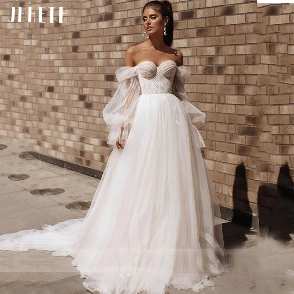 

JEHETH Charming Long Sleeves Sweetheart Tulle Wedding Dress Sexy Backless A-Line Off Shoulder Bridal Gown vestidos de novia 2022